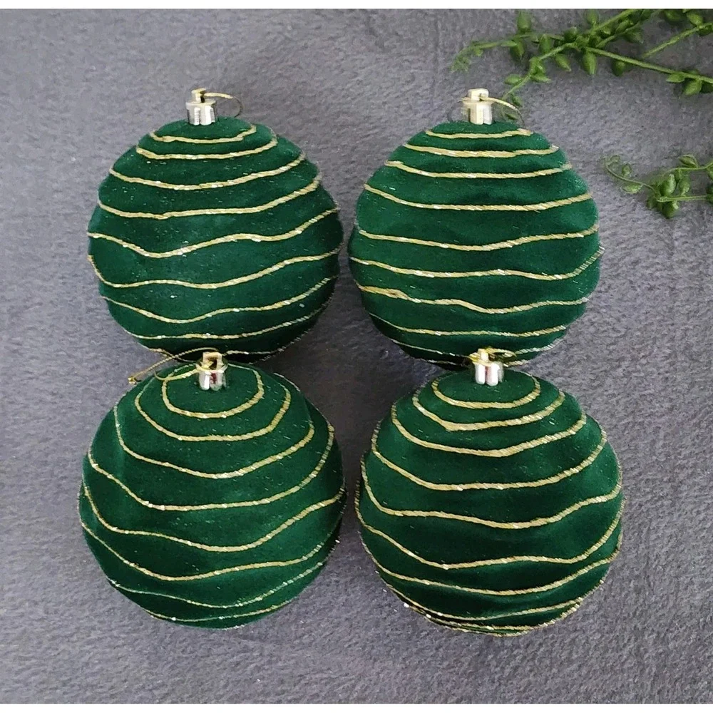 4 Green Velvet‎ Flocked Christmas Wavy Ball Ornaments Gold Glitter Plastic 4